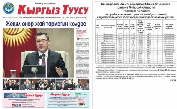 Кочкорбаев айыл окмоту объявляет аукцион на земли ГФСУ